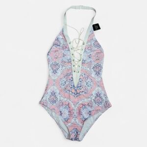 NWT Victoria's Secret Swimsuit One Piece Studded Lace Up Halter Neck Paisley S